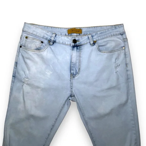 Platform Jeans Mens W36/L30 Slim Stretch Light Acid Wash Blue Denim Ripped Knees - Picture 5 of 9